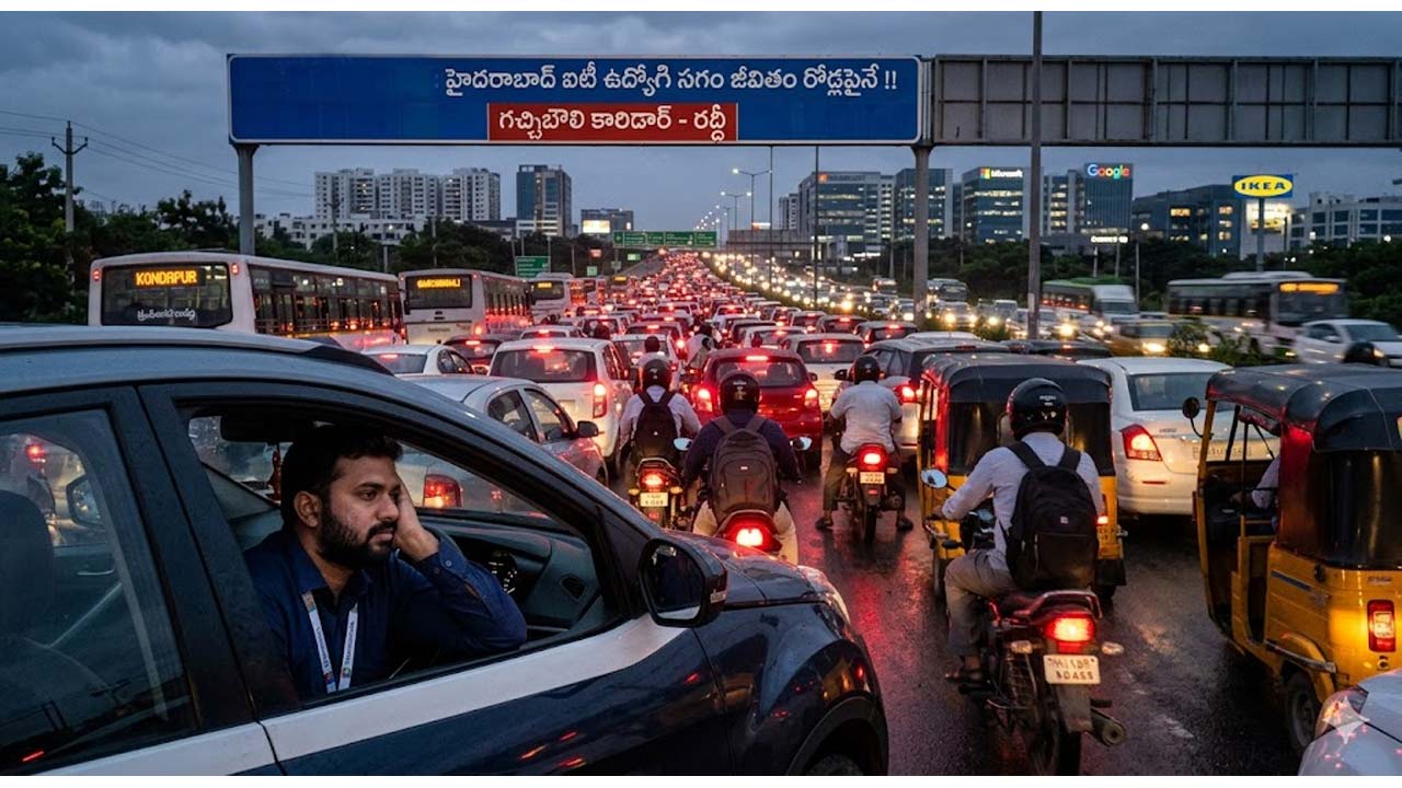 Traffic  : హైదరాబాద్ లో ఐటీ ఉద్యోగి సగం జీవితం రోడ్లపైనే !!
